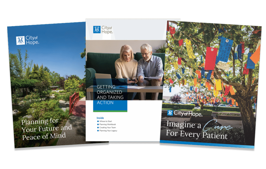 Photo collage of five gift planning resources available to City of Hope supporters